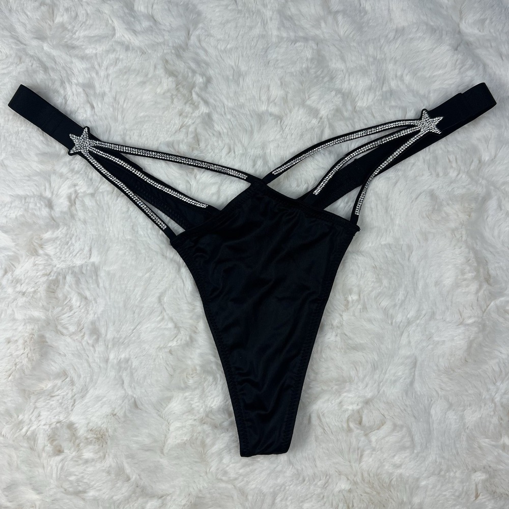 Victoria's Secret Very Sexy Black High Leg Strappy Thong Rhinestone Star Size.M